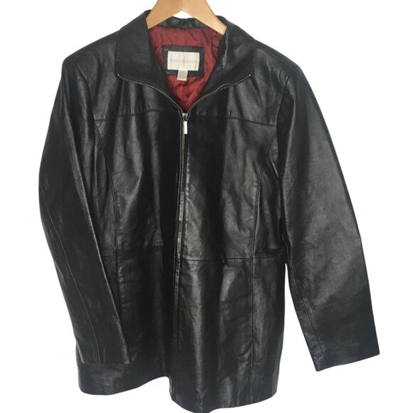 Worthington Jacket Womens XL Black Leather Zip Front Burgundy Lined Classic - Picture 1 of 16